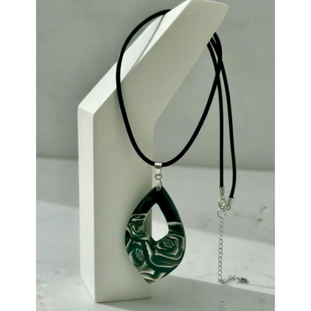 Handmade Black Rose Floral Polymer Clay Statement Pendant Necklace
